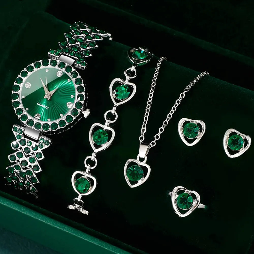 Women Fashion Watches Heart Rhinestone Ring Necklace Earring Jewelry Set Luxury Dress Quartz WristWatch Simple Elegant Watch Gif