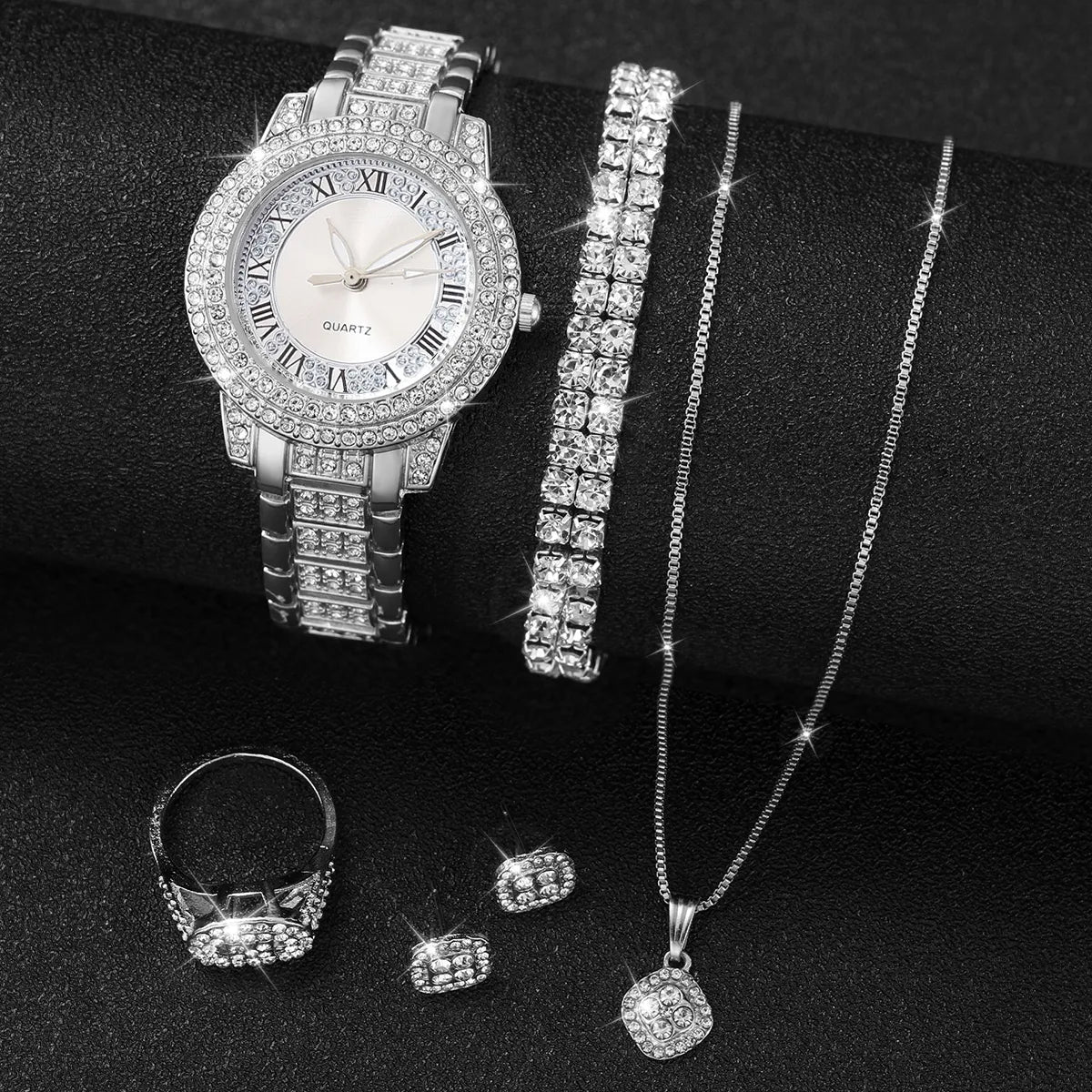 6PCS/Set Women's Watch Fashion Rhinestone Roma Dial Quartz Watch Steel Band Wristwatches Diamond JewelrySet（Without Box）