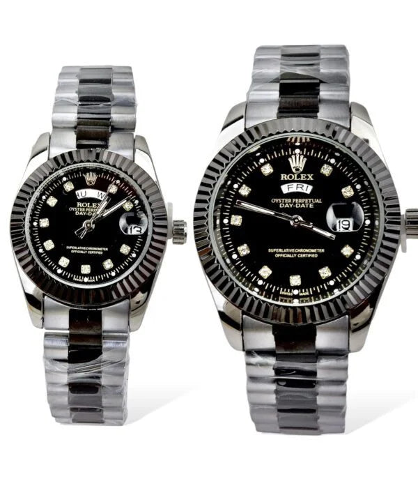 Couples’ Two-Tone Silver & Black Day/Date Watches