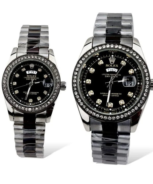 Couples’ Two-Tone Silver & Black Day/Date Watches